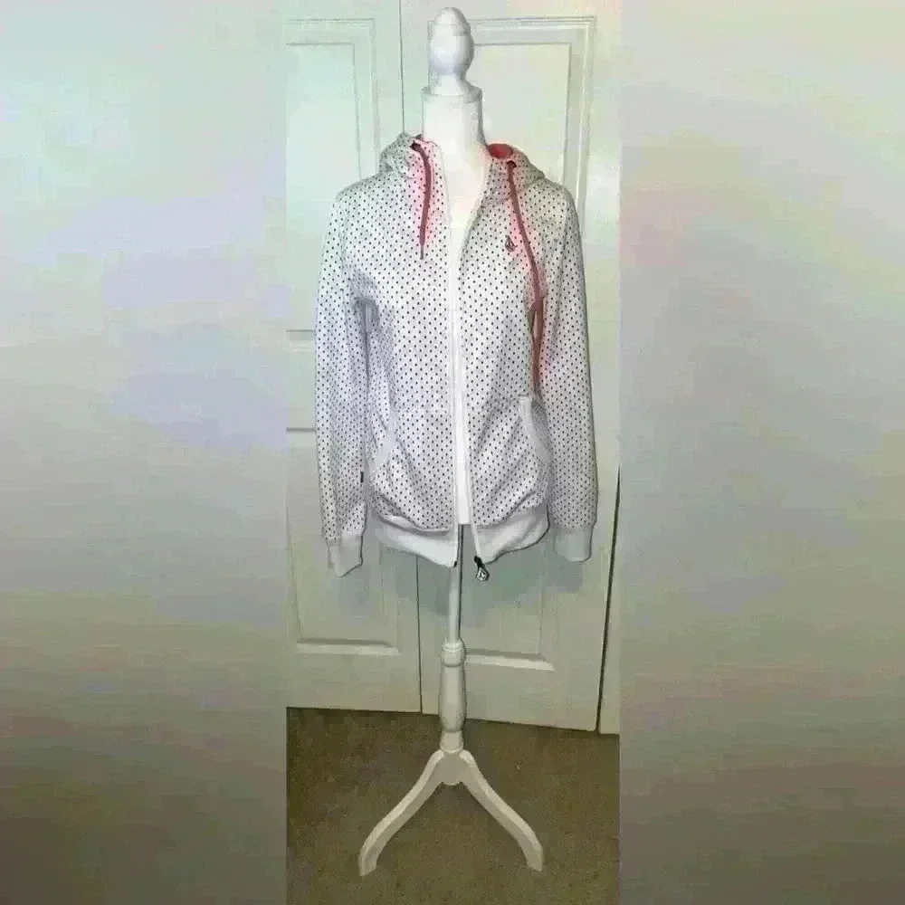 Volcolm Hooded Zip up Jacket Juniors Girls XS White with Orange Polka Dots - Picture 2 of 10